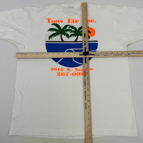 Vintage 90s Tans Etc Inc T Shirt Tanning Made in USA White Graphic Tee L Large - Picture 11 of 11